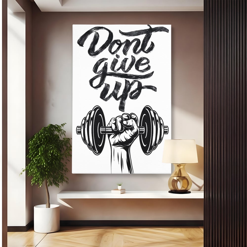 Tablou canvas cu ilustratie motivationala cu halterofil si mesaj, fara rama, pe sasiu de lemn